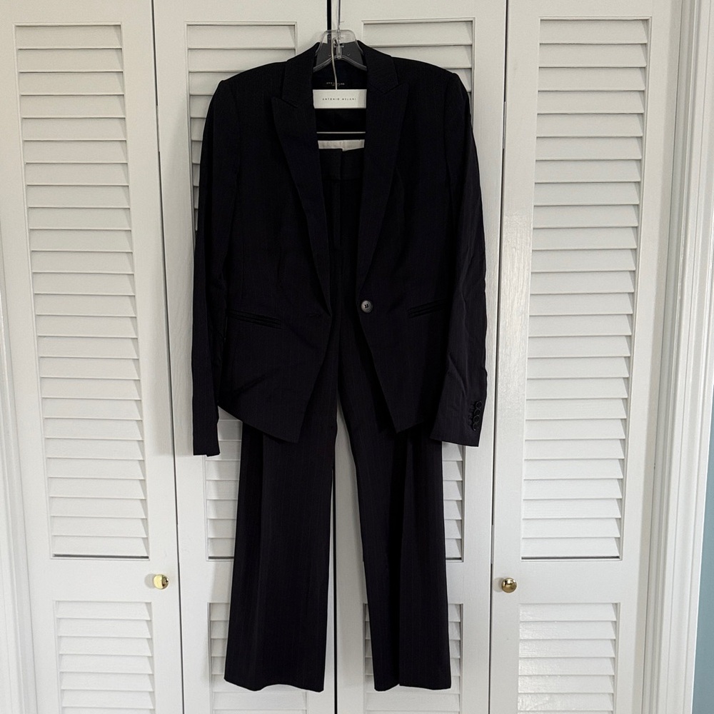 Ann Taylor Classic Navy Pinstripe Blazer and Pants Set
